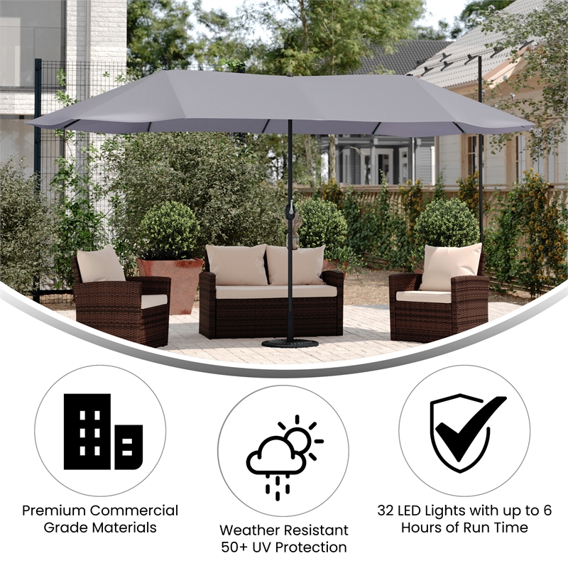 Gray Commercial 15' Triple Head Patio Umbrella with Crank and Easy Lift Function