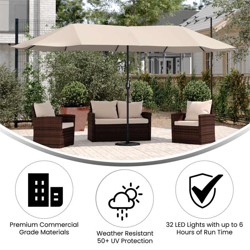 Tan Commercial 15' Triple Head Patio Umbrella with Crank and Easy Lift Function