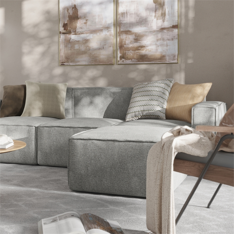 Contemporary 4 Piece Modular Sectional Sofa with Ottoman in Gray Fabric
