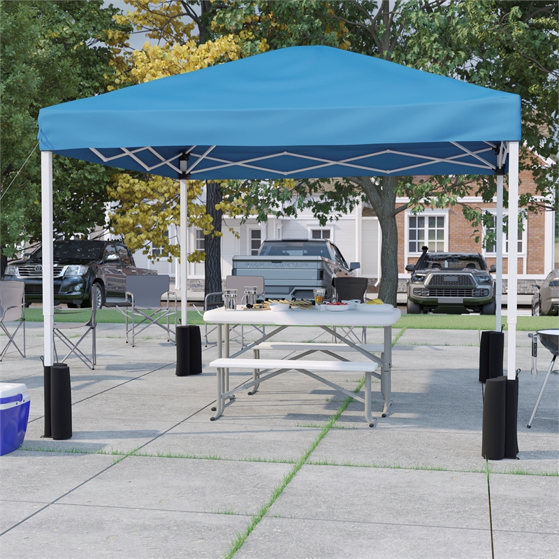 10' x 10' Blue Pop Up Canopy - Wheeled Case - Folding Table with Benches Set