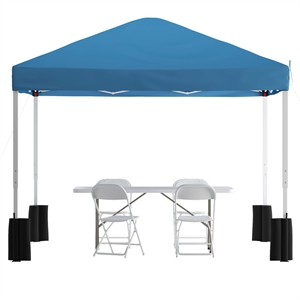 10' x 10' Blue Pop Up Canopy Folding Table and 4 White Folding Chairs Bundle