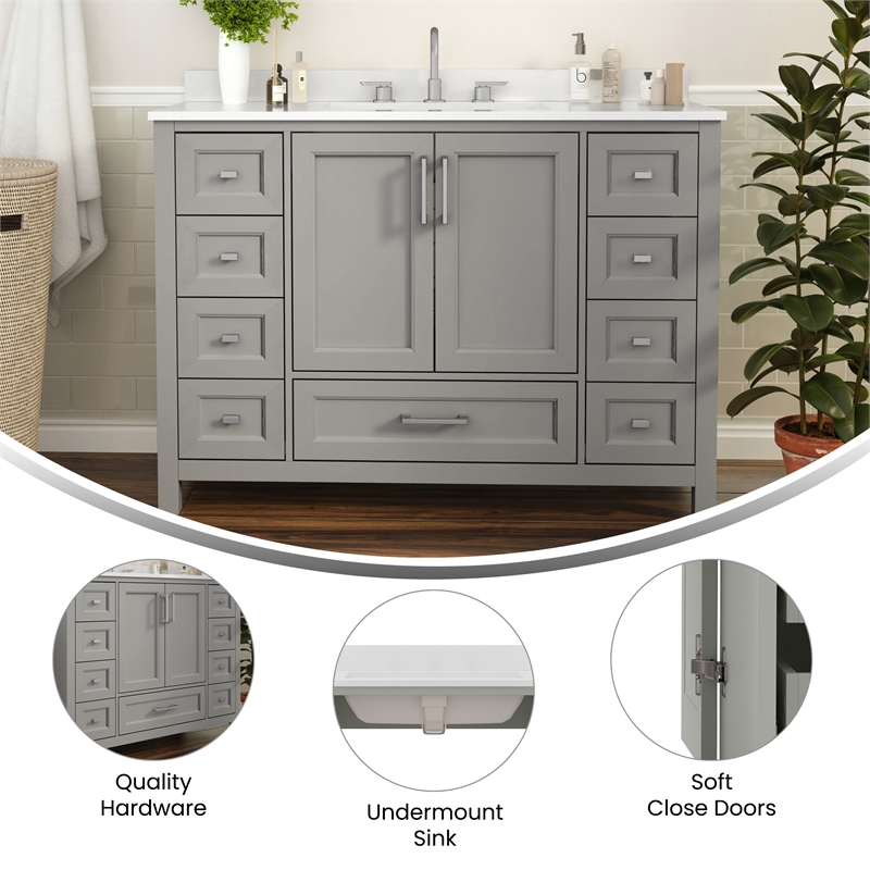 48 Inch Bathroom Vanity with Sink Storage Cabinet and 9 Drawers in Gray