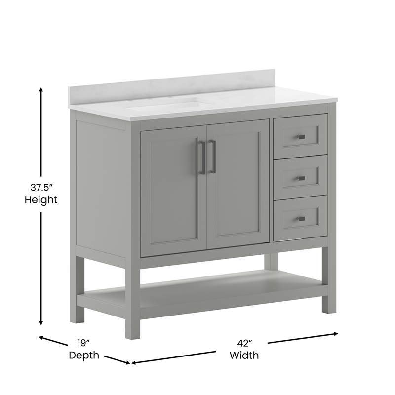 42 Inch Bathroom Vanity with Sink Open Storage and Storage Drawers in Gray