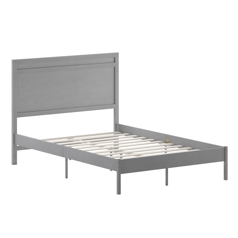 Solid Wood Full Platform Bed with Headboard and Wooden Slats in Gray