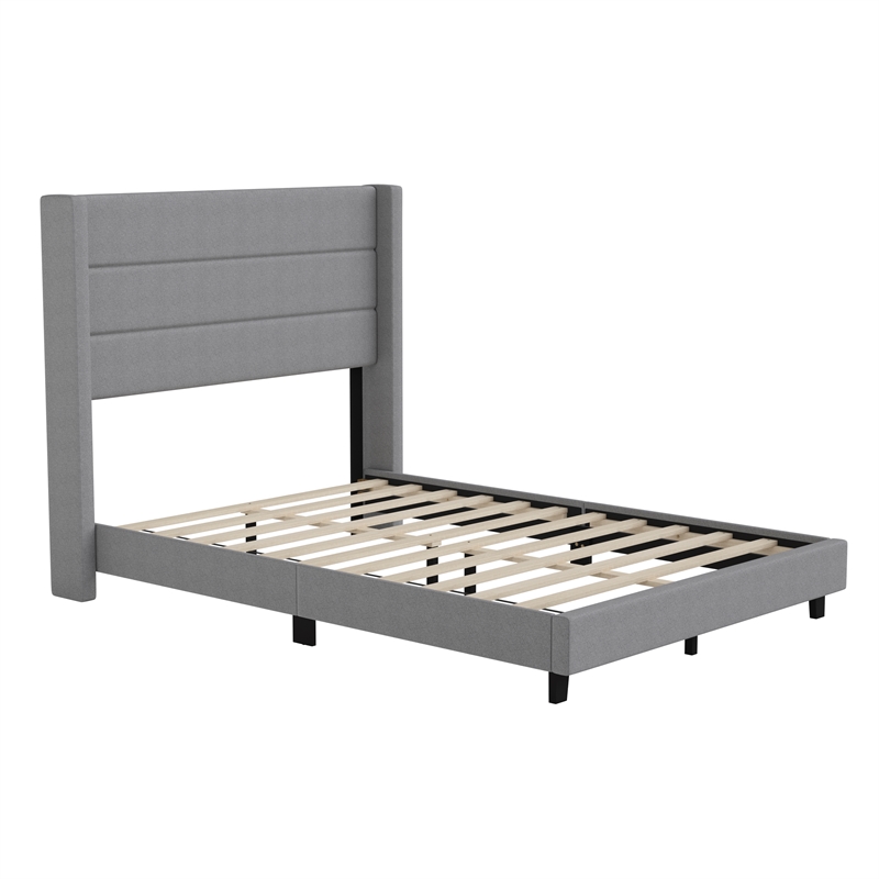 Full Size Upholstered Platform Bed with Wingback Headboard-Gray Faux Linen