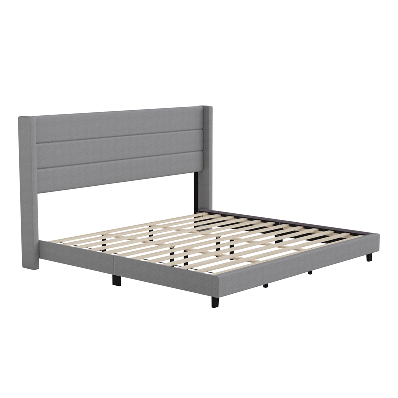 King Size Upholstered Platform Bed with Wingback Headboard-Gray Faux Linen