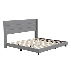 King Size Upholstered Platform Bed with Wingback Headboard-Gray Faux Linen