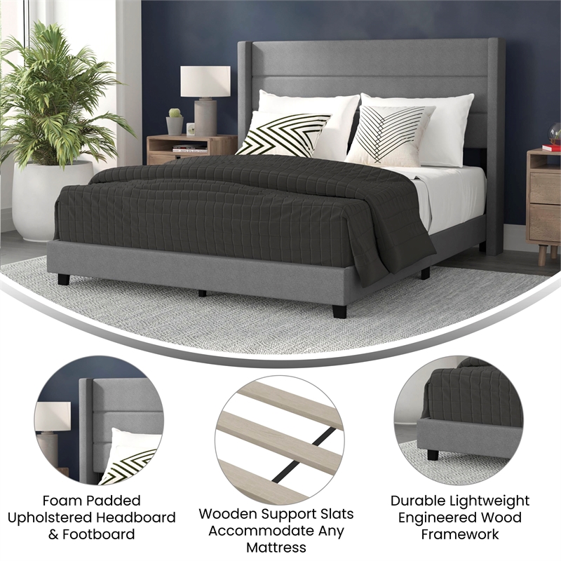 Queen Size Upholstered Platform Bed with Wingback Headboard-Gray Faux Linen