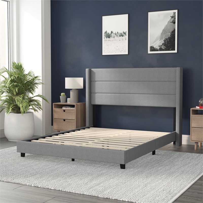 Queen Size Upholstered Platform Bed with Wingback Headboard-Gray Faux Linen