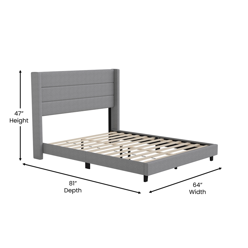 Queen Size Upholstered Platform Bed with Wingback Headboard-Gray Faux Linen