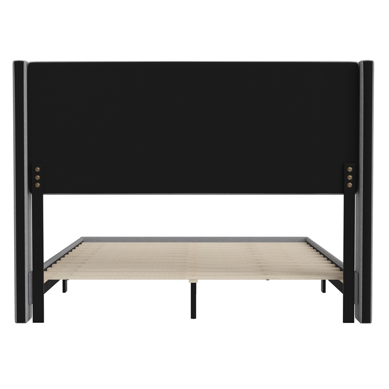 Queen Size Upholstered Platform Bed with Wingback Headboard-Gray Faux Linen