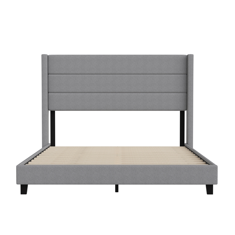 Queen Size Upholstered Platform Bed with Wingback Headboard-Gray Faux Linen