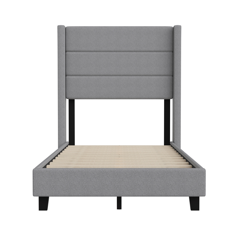 Twin Size Upholstered Platform Bed with Wingback Headboard-Gray Faux Linen