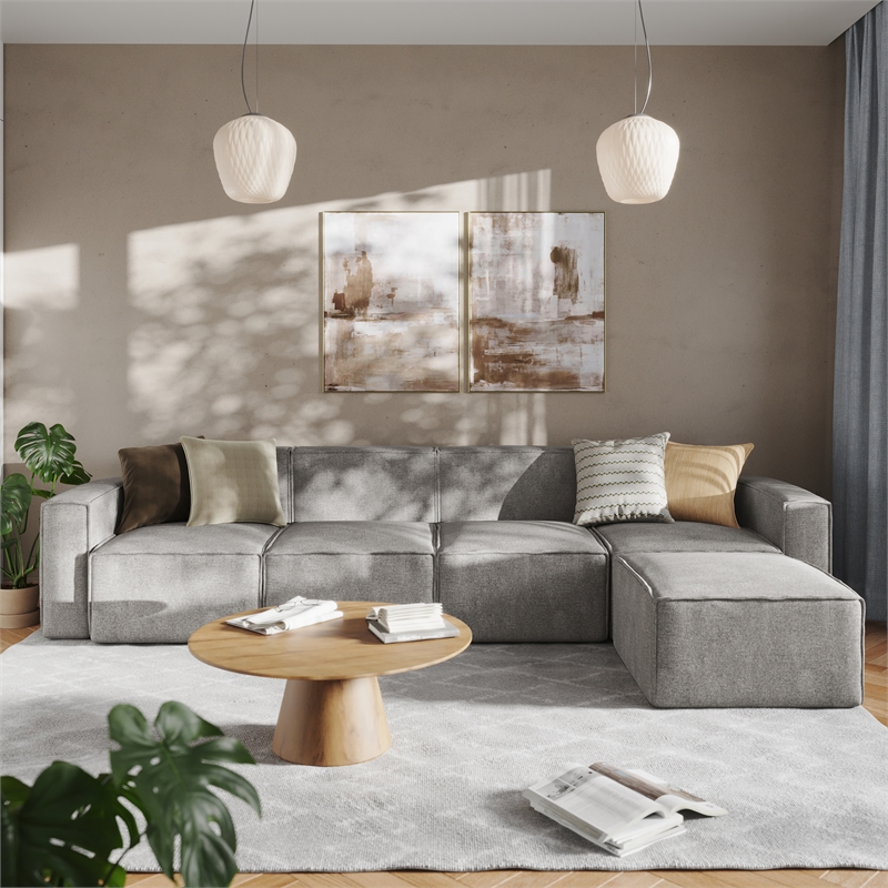 Contemporary 5 Piece Modular Sectional Sofa with Ottoman in Gray Fabric