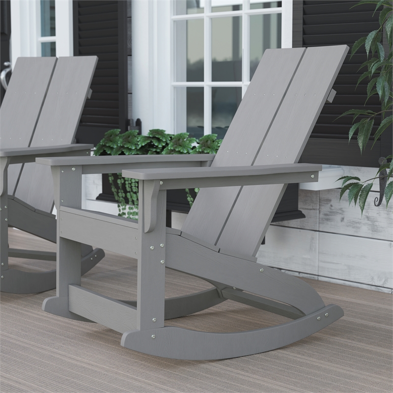 Modern 2-Slat Adirondack Poly Resin Rocking Chair for Indoor/Outdoor Use - Gray