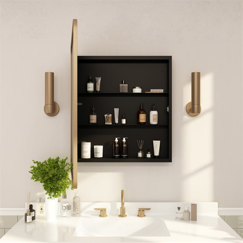 Recessed Bathroom Medicine Cabinet with Beveled Mirror in Gold - 24x30