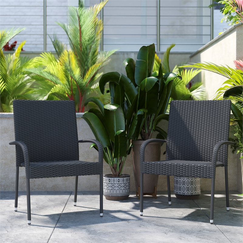 Indoor/Outdoor Stacking Steel Framed Gray Wicker Dining Armchairs - 2 Pack