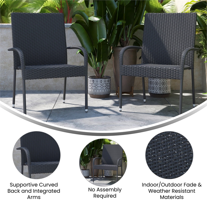 Indoor/Outdoor Stacking Steel Framed Gray Wicker Dining Armchairs - 2 Pack