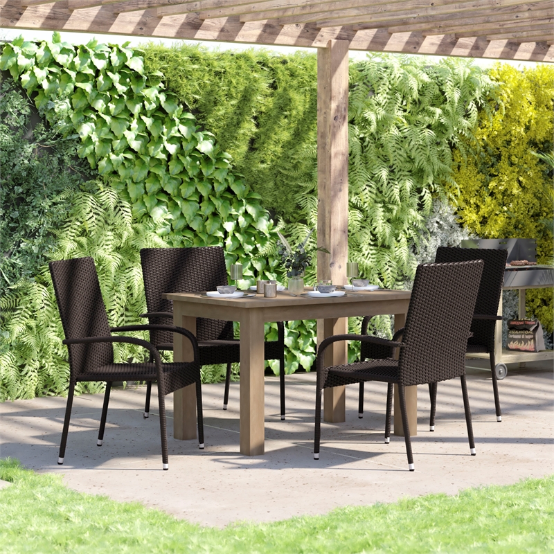 Indoor/Outdoor Stacking Steel Framed Espresso Wicker Dining Armchairs - 4 Pack