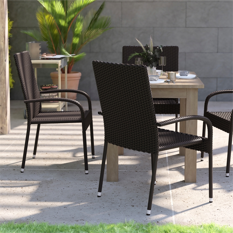 Indoor/Outdoor Stacking Steel Framed Espresso Wicker Dining Armchairs - 4 Pack