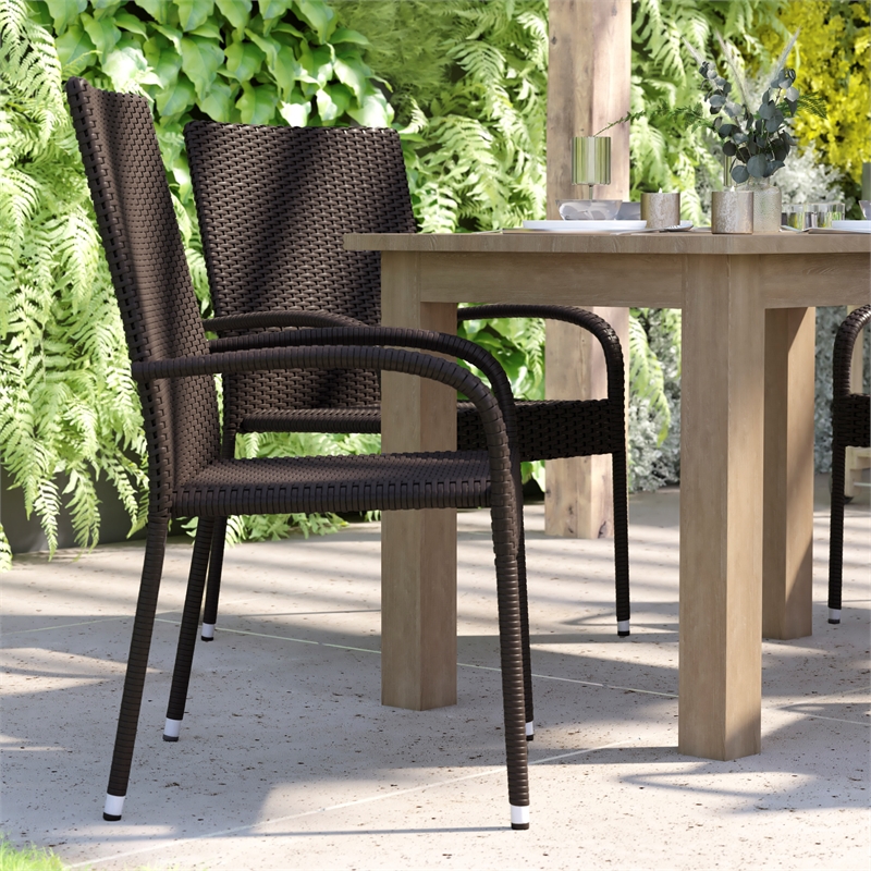 Indoor/Outdoor Stacking Steel Framed Espresso Wicker Dining Armchairs - 4 Pack