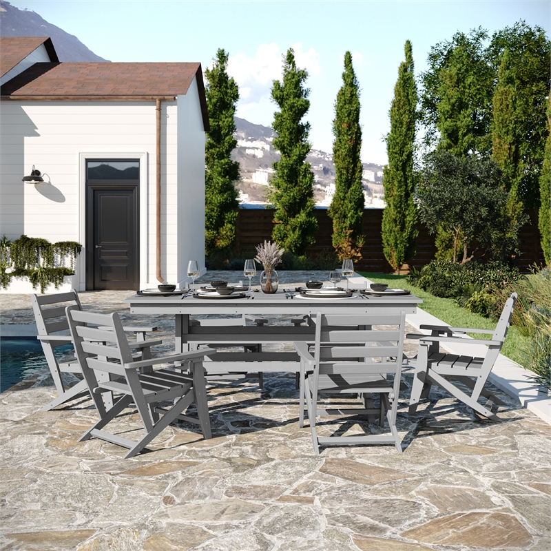 Commercial All Weather Adirondack Table and 6 Chairs with Cupholders in Gray