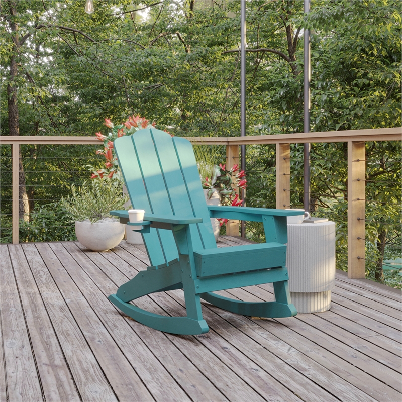 Commercial All-Weather Rocking Adirondack Chair with Swiveling Cupholder - Blue