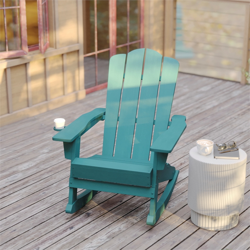 Commercial All-Weather Rocking Adirondack Chair with Swiveling Cupholder - Blue