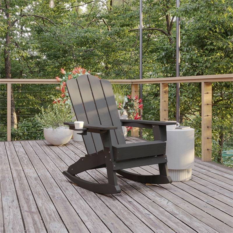 Commercial All-Weather Rocking Adirondack Chair with Swiveling Cupholder - Gray