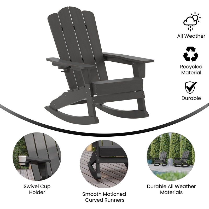 Commercial All-Weather Rocking Adirondack Chair with Swiveling Cupholder - Gray