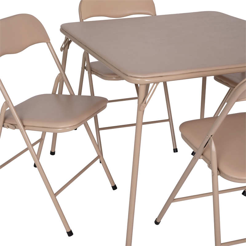 5 Piece Tan Folding Card Table and Chair Set with Upholstered Table Top