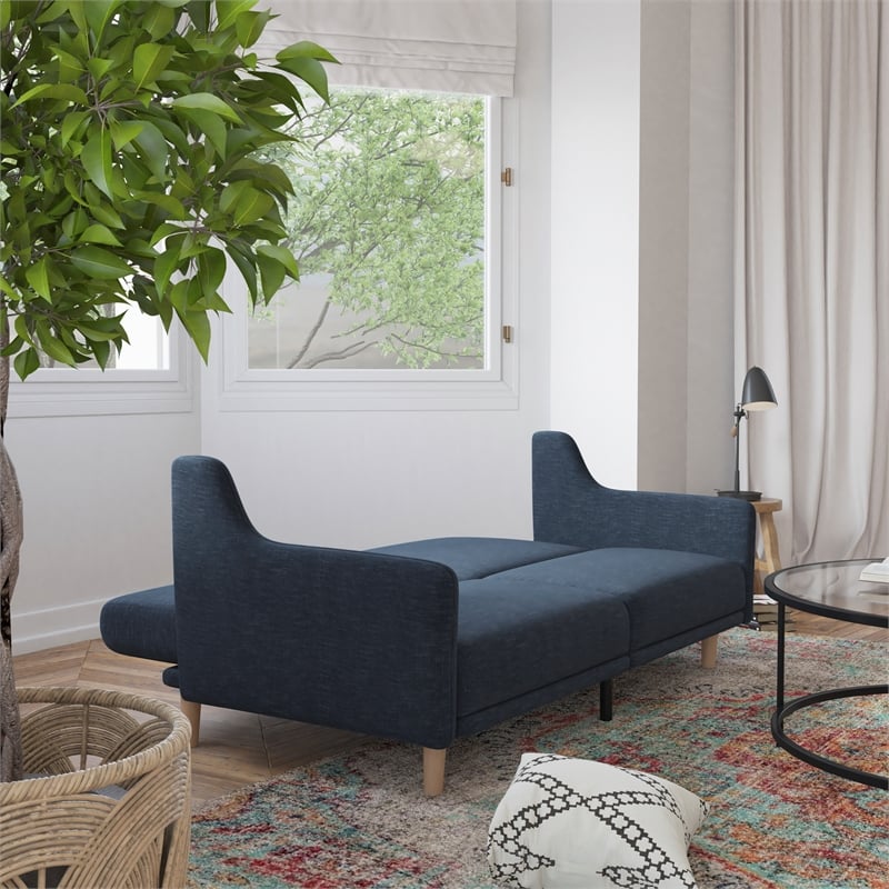 Split Back Futon Sofa with Curved Arms and Solid Wood Legs- Navy Faux Linen