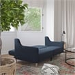 Split Back Futon Sofa with Curved Arms and Solid Wood Legs- Navy Faux Linen