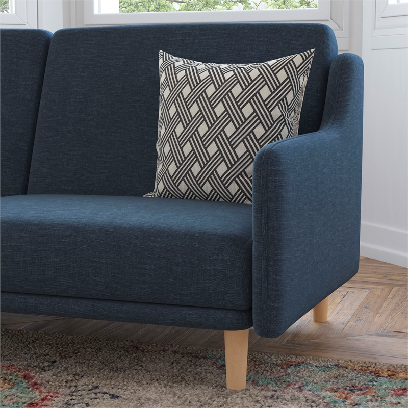 Split Back Futon Sofa with Curved Arms and Solid Wood Legs- Navy Faux Linen