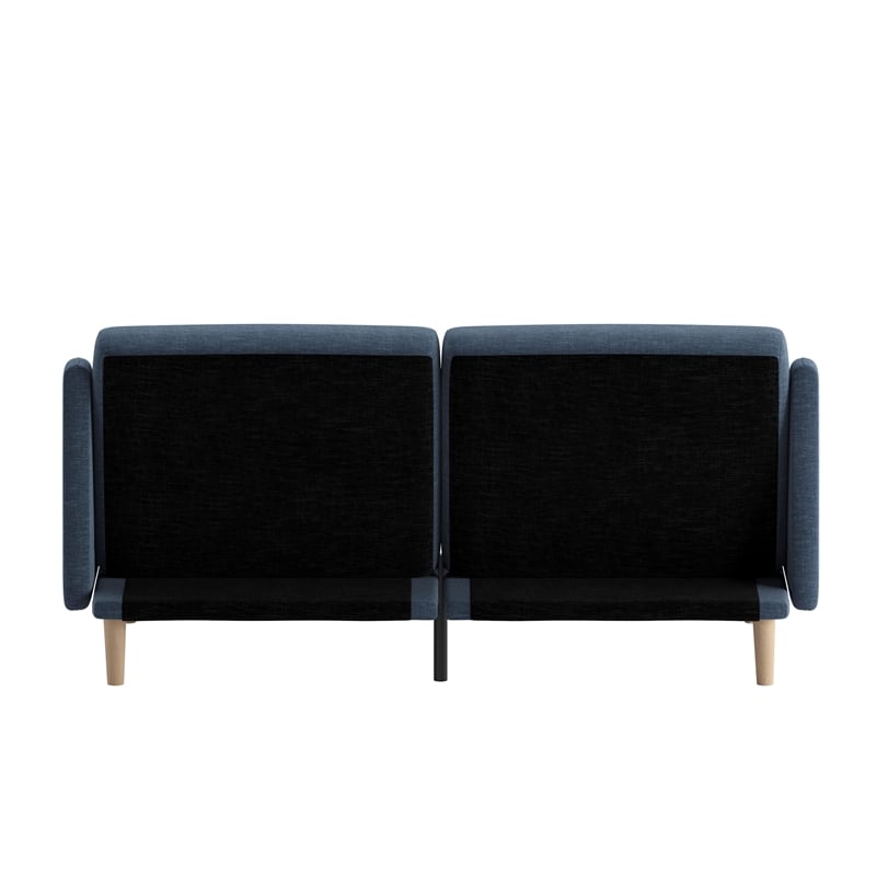 Split Back Futon Sofa with Curved Arms and Solid Wood Legs- Navy Faux Linen