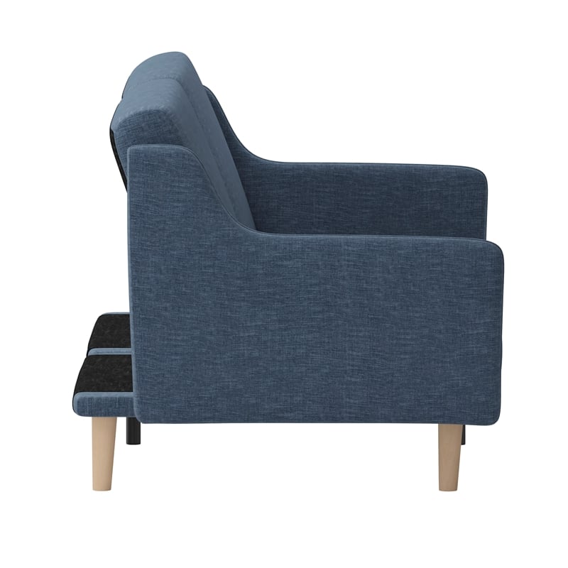 Split Back Futon Sofa with Curved Arms and Solid Wood Legs- Navy Faux Linen