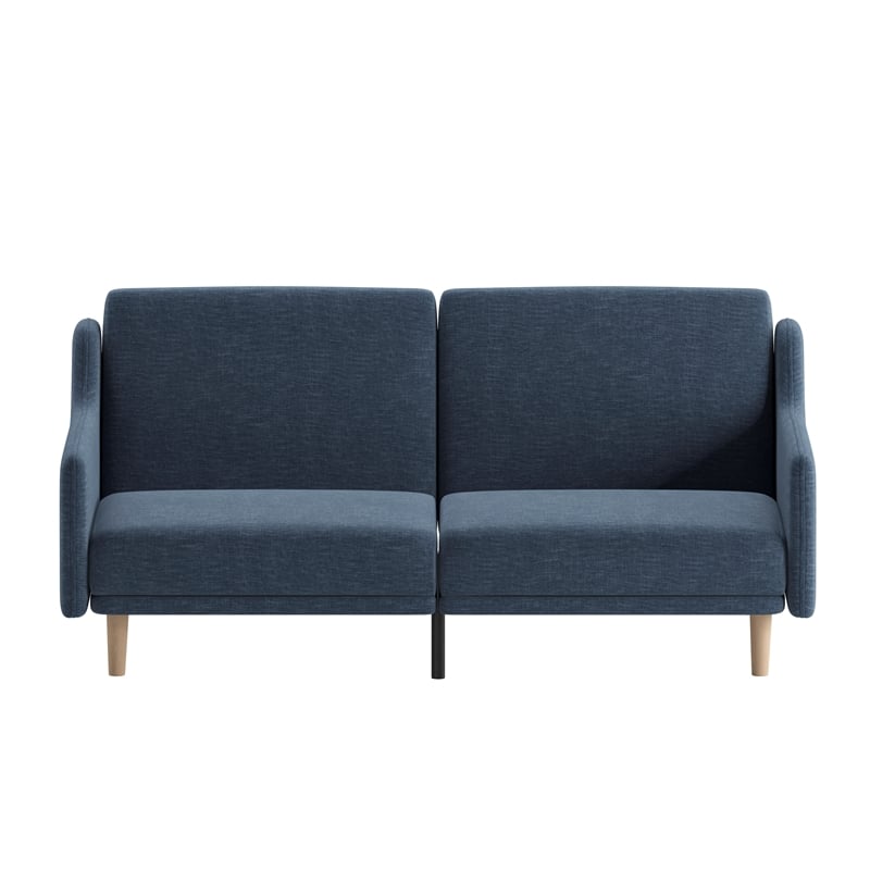 Split Back Futon Sofa with Curved Arms and Solid Wood Legs- Navy Faux Linen