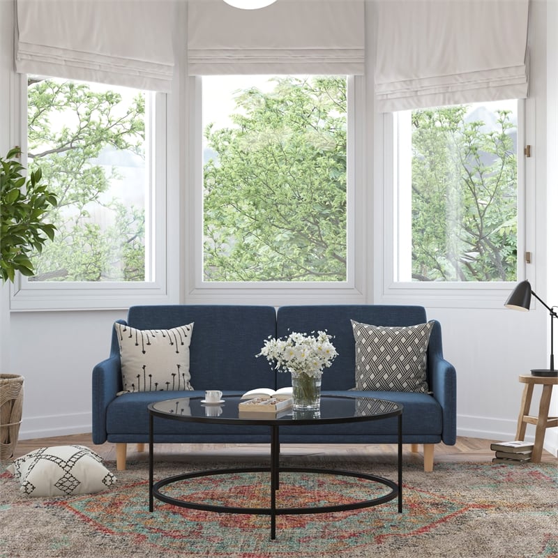 Split Back Futon Sofa with Curved Arms and Solid Wood Legs- Navy Faux Linen
