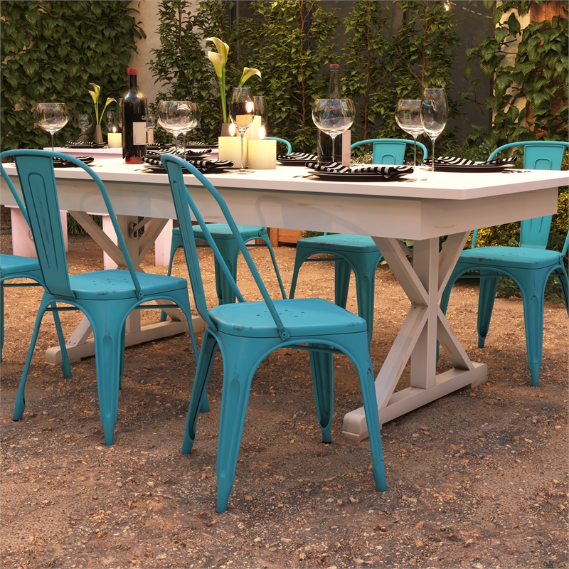 Flash Furniture Distressed Blue Metal Indoor-Outdoor Stackable Chair