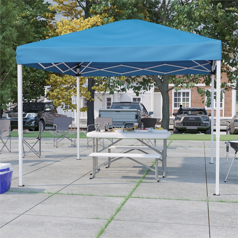 10' x 10' Blue Pop Up Canopy with Carry Bag and Folding Table with Benches Set