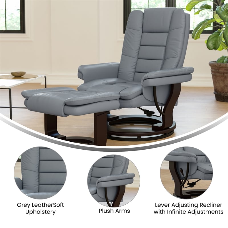 Gray LeatherSoft Multi-Position Recliner &Ottoman w/Swivel Mahogany Wood Base