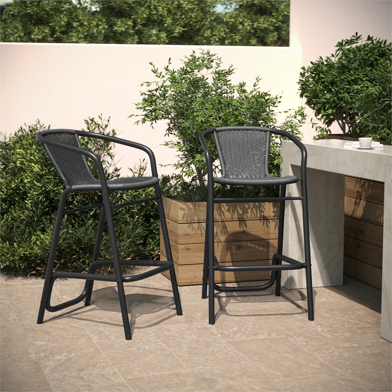 Commercial Indoor-Outdoor Rattan Restaurant Barstool Gray/Black-Set of 2
