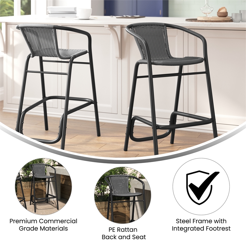 Commercial Indoor-Outdoor Rattan Restaurant Barstool Gray/Black-Set of 2
