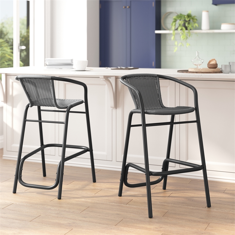 Commercial Indoor-Outdoor Rattan Restaurant Barstool Gray/Black-Set of 2