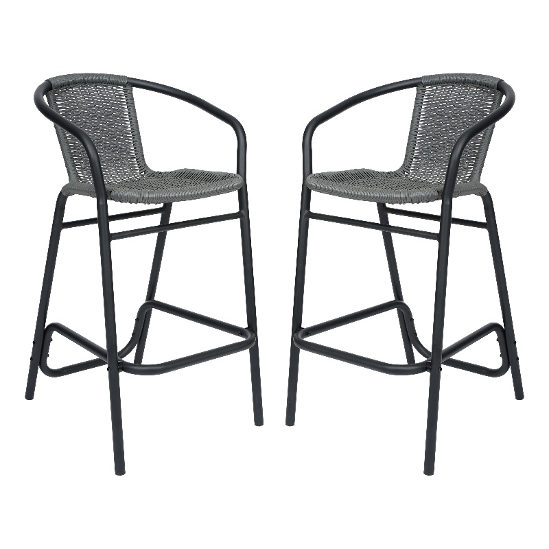 Commercial Indoor-Outdoor Rattan Restaurant Barstool Gray/Black-Set of 2