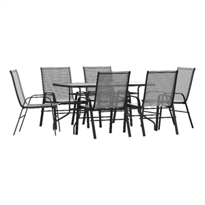 7 Piece Patio Dining Set - 55&quot Glass Patio Table 6 Gray Flex Stack Chairs