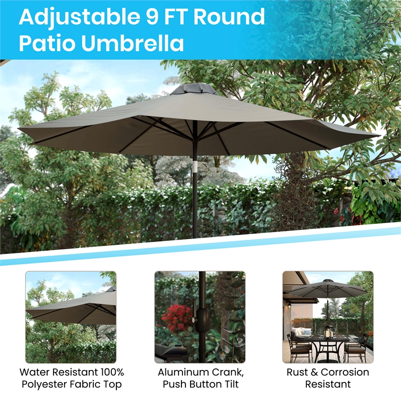 Bundled Set - Gray 9 FT Round Umbrella & Universal Black Cement Waterproof Base