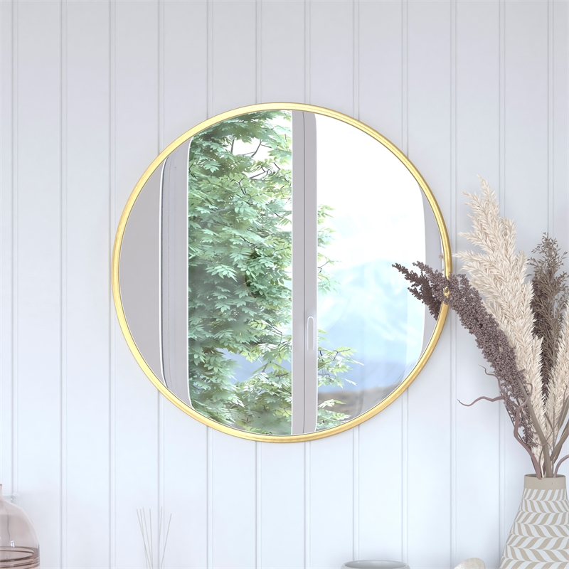 Wall Mount 24 Inch Shatterproof Round Accent Wall Mirror with Gold Metal Frame