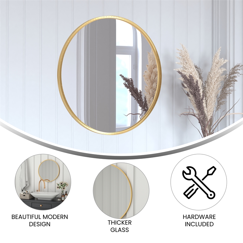Wall Mount 24 Inch Shatterproof Round Accent Wall Mirror with Gold Metal Frame