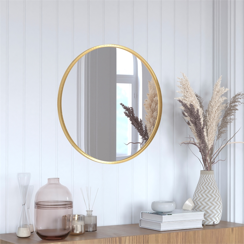 Wall Mount 24 Inch Shatterproof Round Accent Wall Mirror with Gold Metal Frame